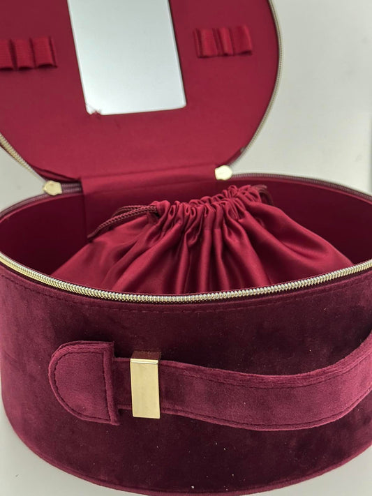 Ghost Burgundy Velvet Round Vanity Case with Mirror & Drawstring Pouch