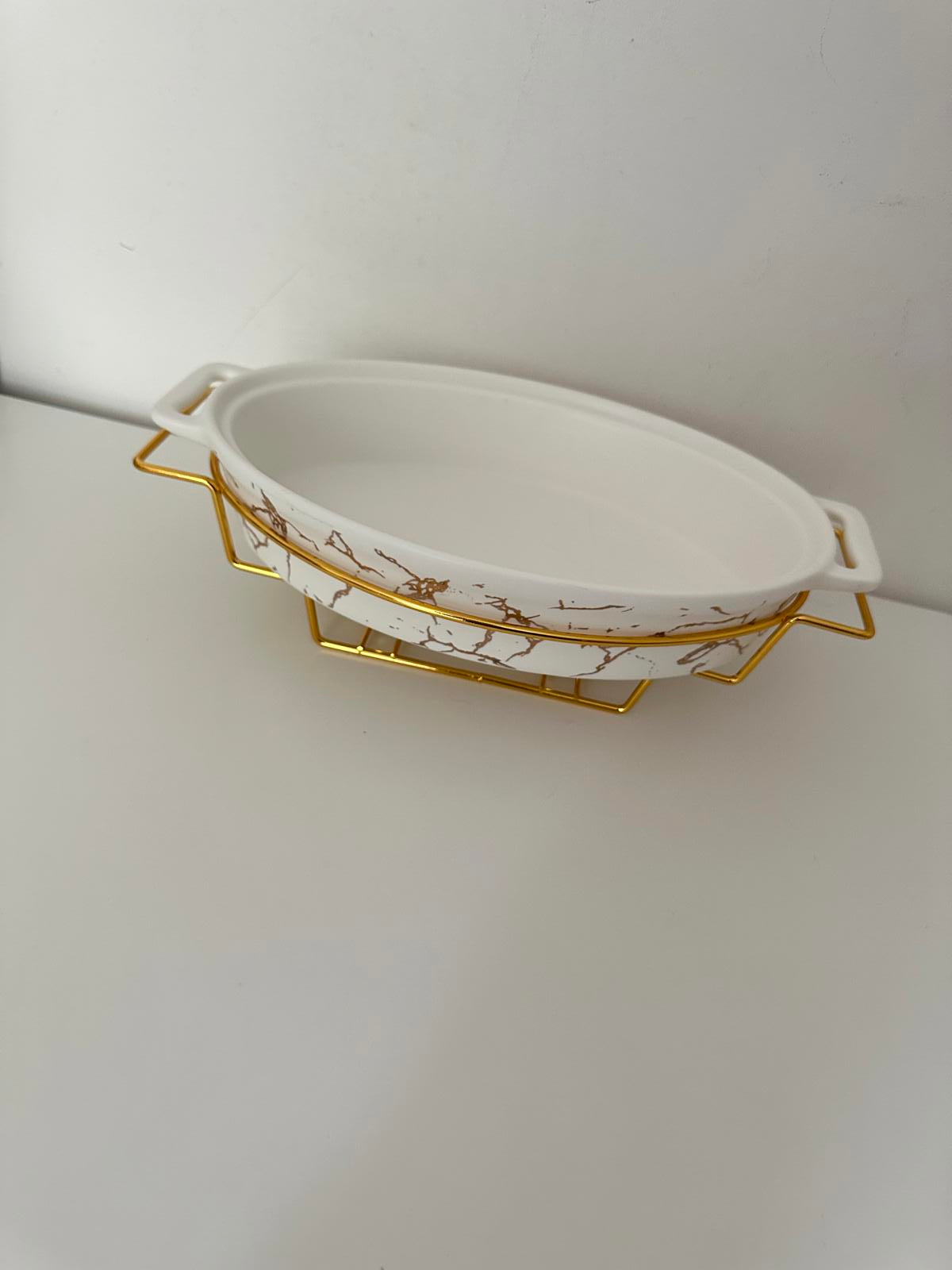 Elegant White and Gold Serving Dish with Stand