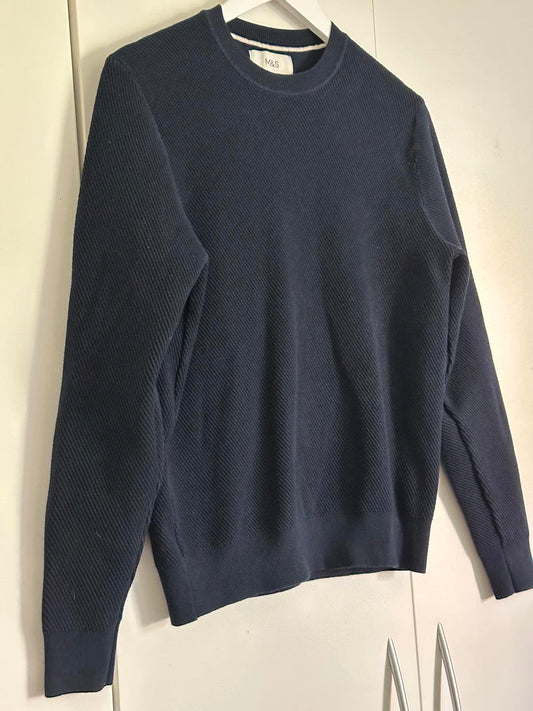 M&S Navy Cotton Blend Textured Knit Jumper – Size S