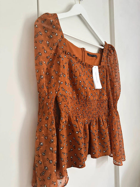 French Connection Francine Smock Blouse in Leather Brown Multi