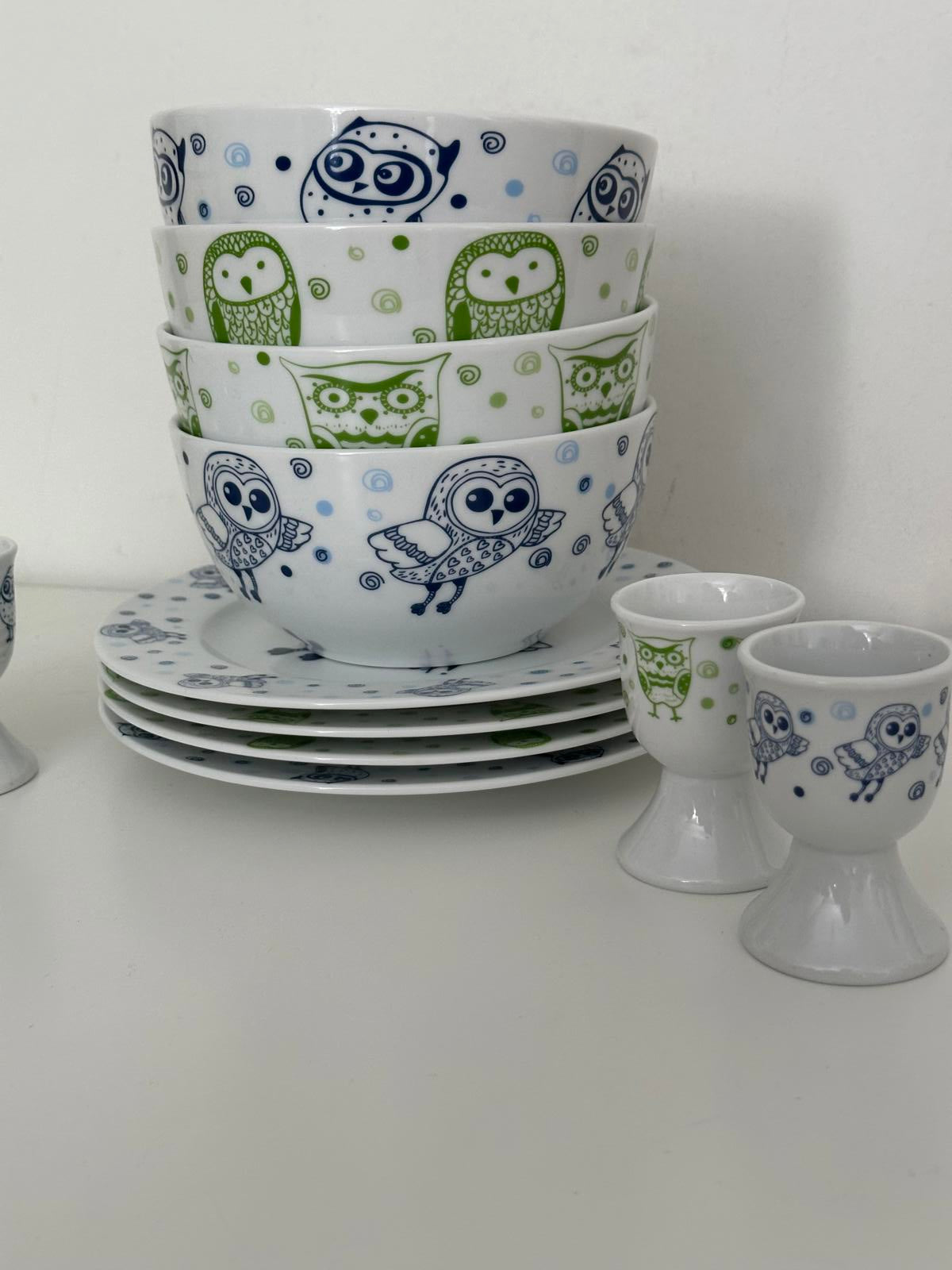 12-piece owl print ceramic dining set – plates, bowls & egg cups