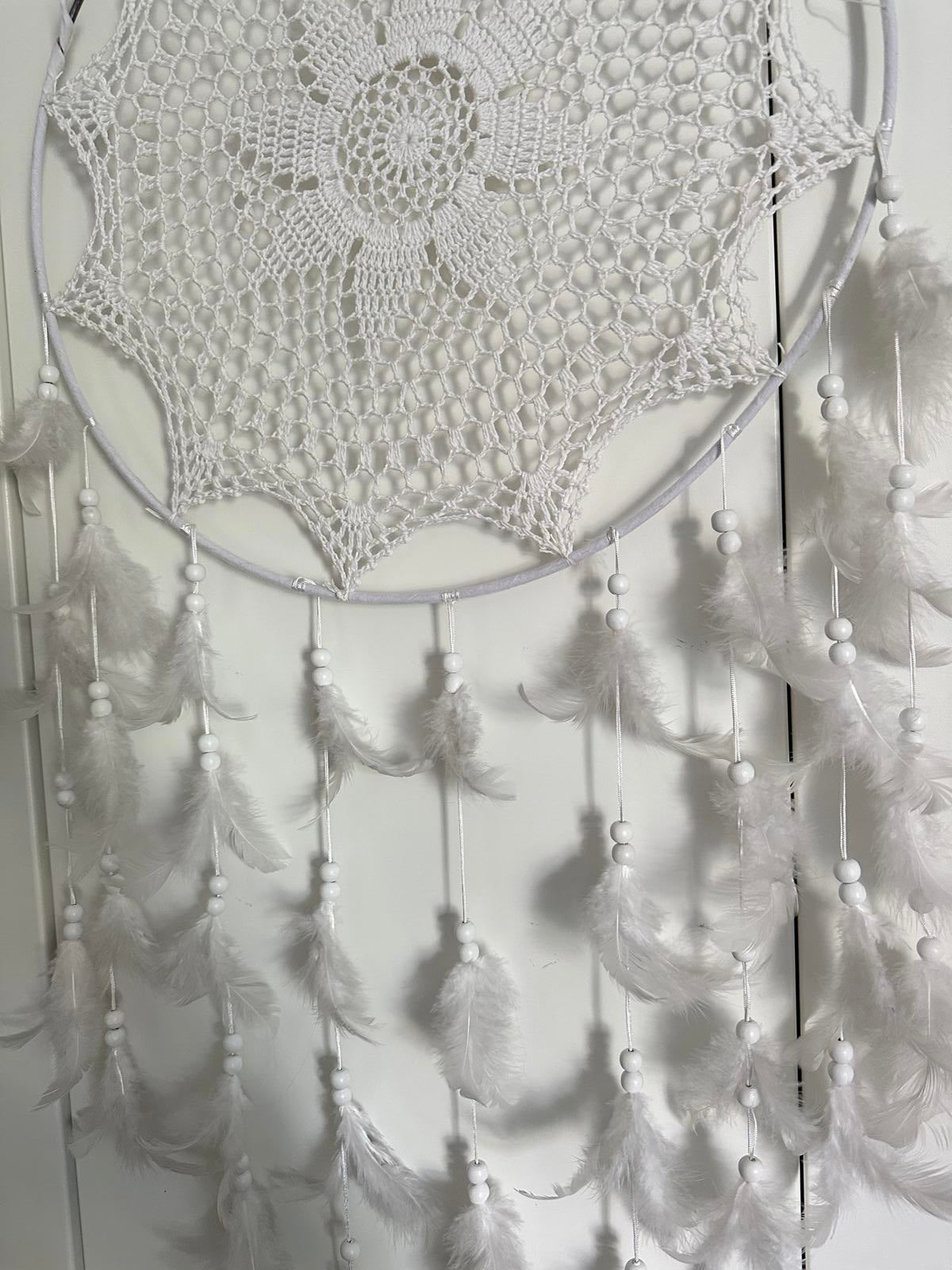 Large white crochet dreamcatcher with feathers & beads