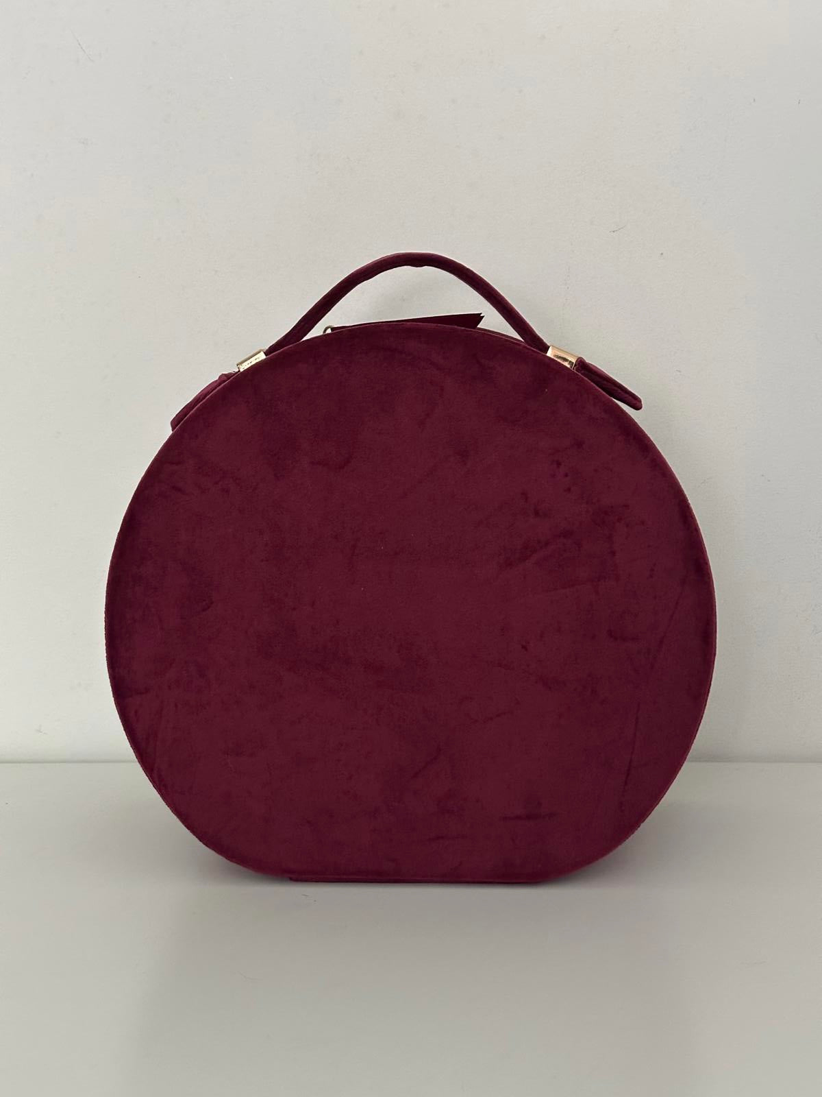 Ghost Burgundy Velvet Round Vanity Case with Mirror & Drawstring Pouch