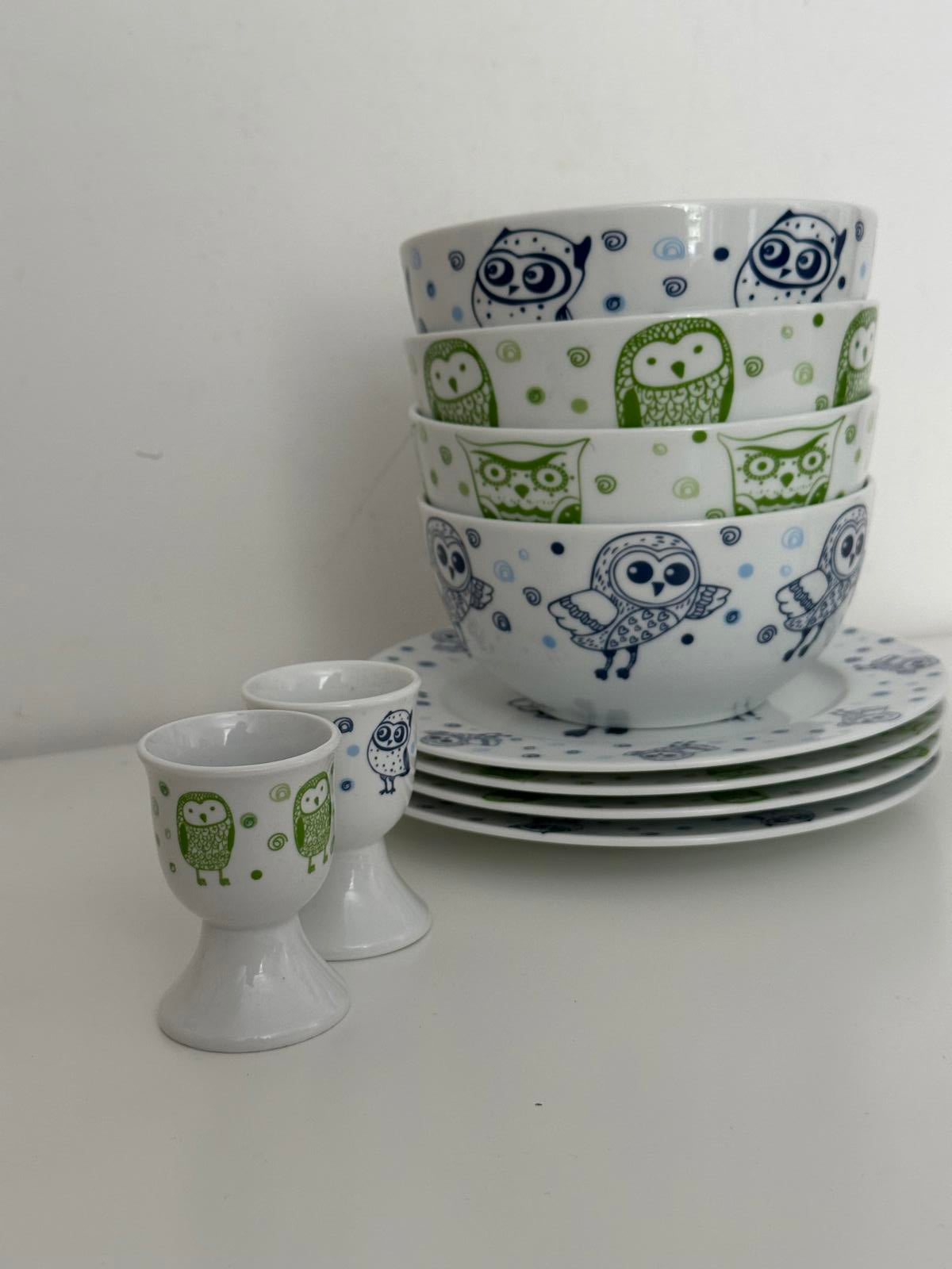 12-piece owl print ceramic dining set – plates, bowls & egg cups