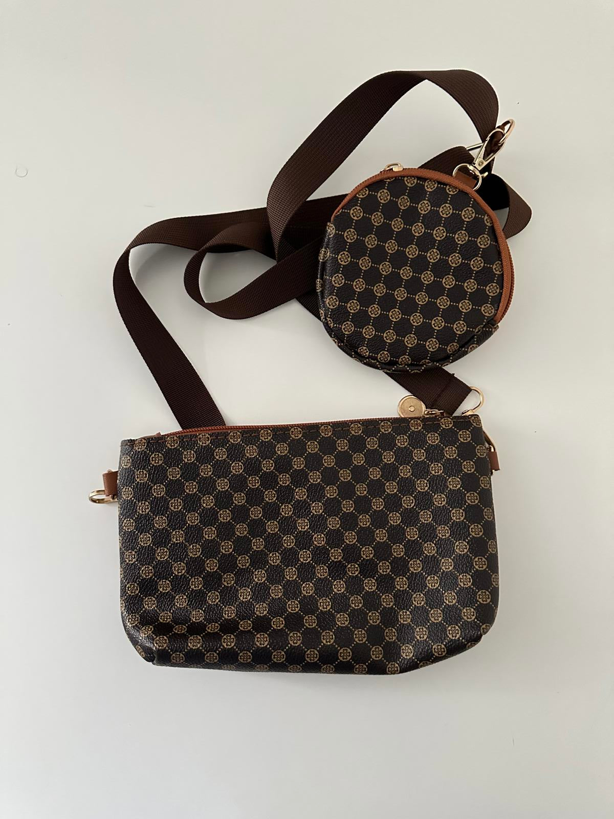 Brown Monogram Crossbody Bag with Coin Pouch – Vintage-Inspired Design