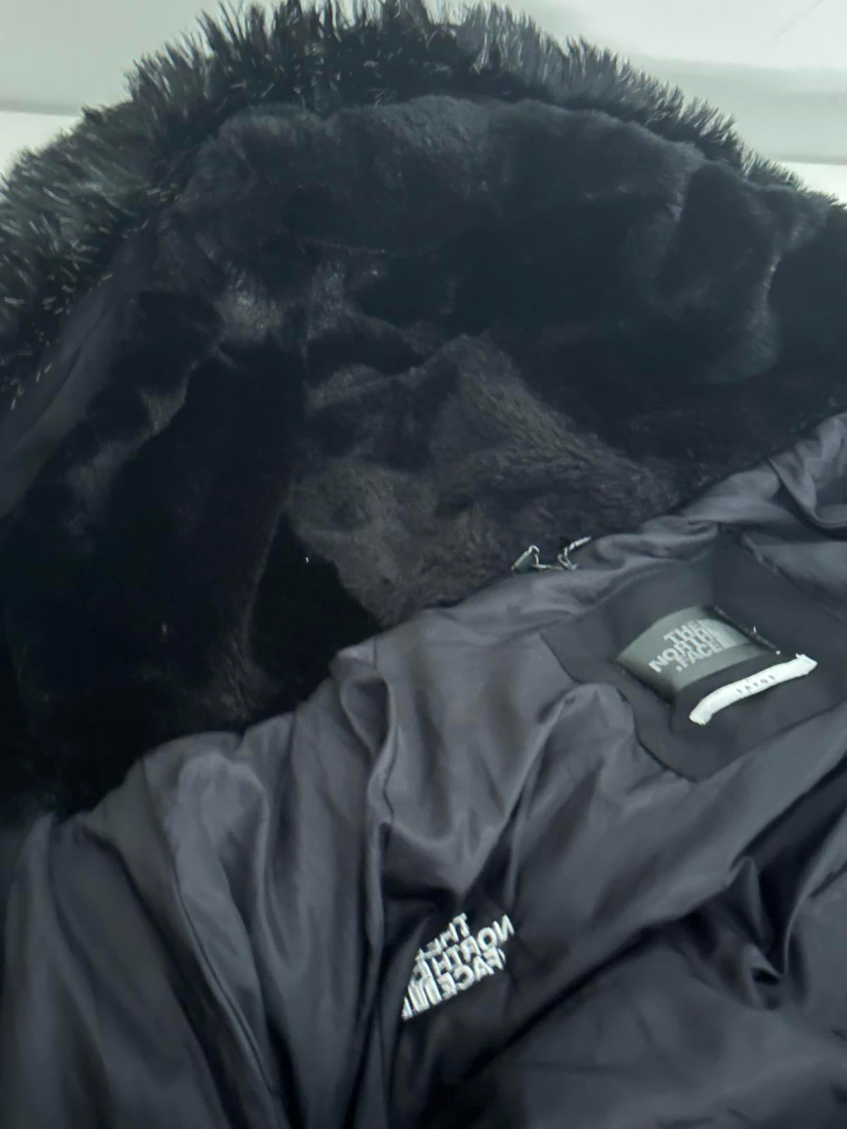 The North Face Black Puffer Jacket with Faux Fur Hood – Size L