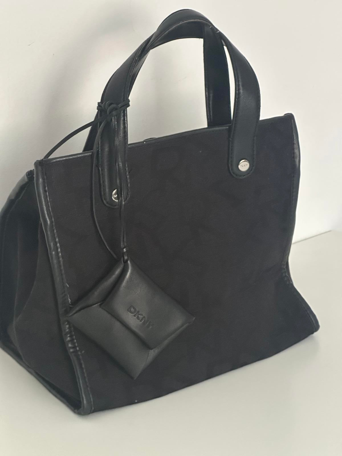 DKNY Black Monogram Tote Bag with Faux Leather Handles & Pouch