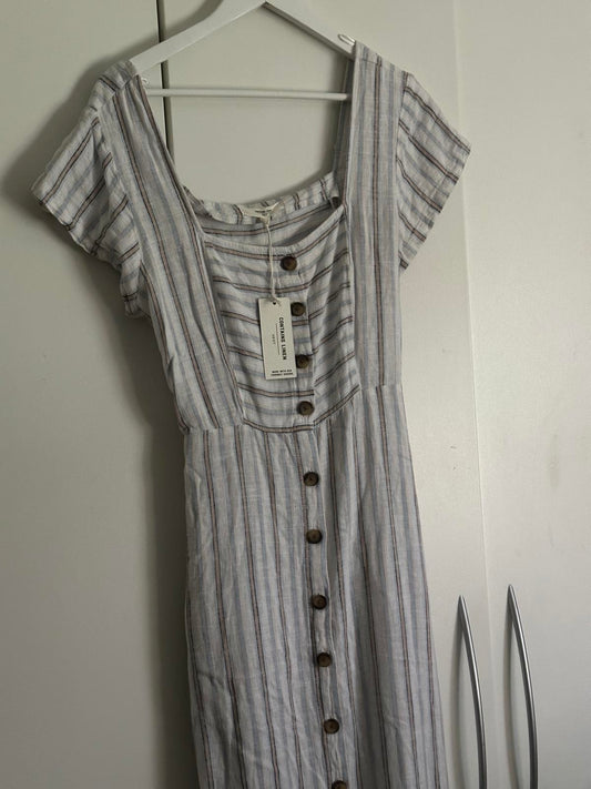 Next Striped Linen Blend Midi Dress with Buttons – Size 14