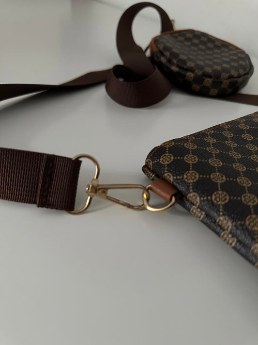 Brown Monogram Crossbody Bag with Coin Pouch – Vintage-Inspired Design