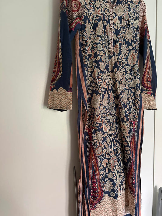 Printed Kurta-Style Midi Dress Notch Neck Side Slits (UK 6)