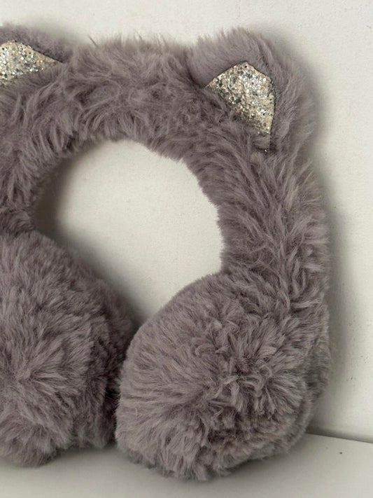 Cute Grey Faux Fur Earmuffs with Glitter Cat Ears – Cosy Winter Headband