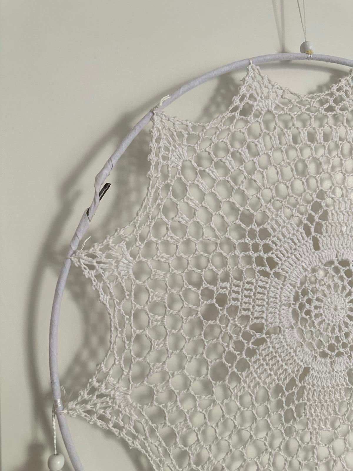 Large white crochet dreamcatcher with feathers & beads