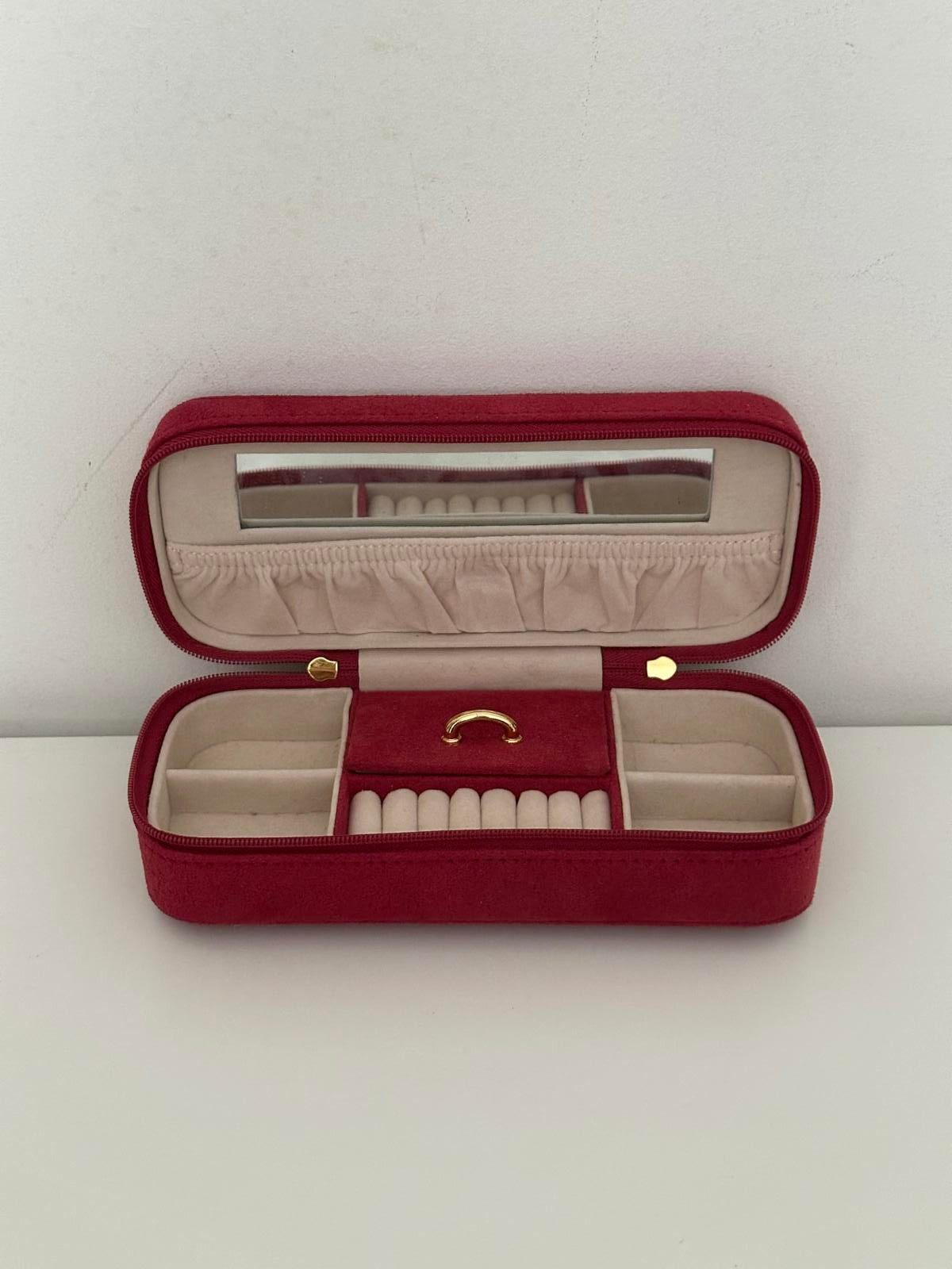 Elegant Red Velvet Travel Jewellery Box with Gold Heart Zip