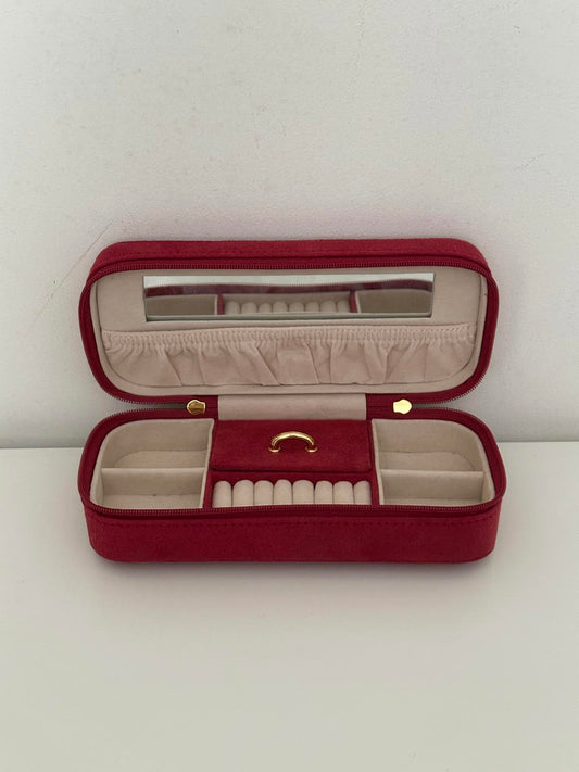 Elegant Red Velvet Travel Jewellery Box with Gold Heart Zip