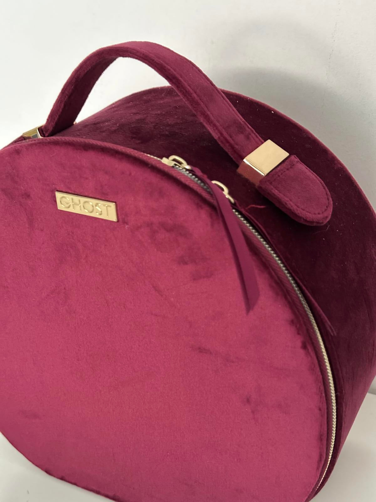 Ghost Burgundy Velvet Round Vanity Case with Mirror & Drawstring Pouch