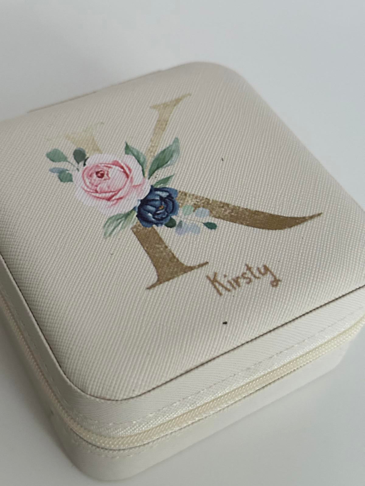 Personalised Jewellery Travel Box – Initial K with Floral Design