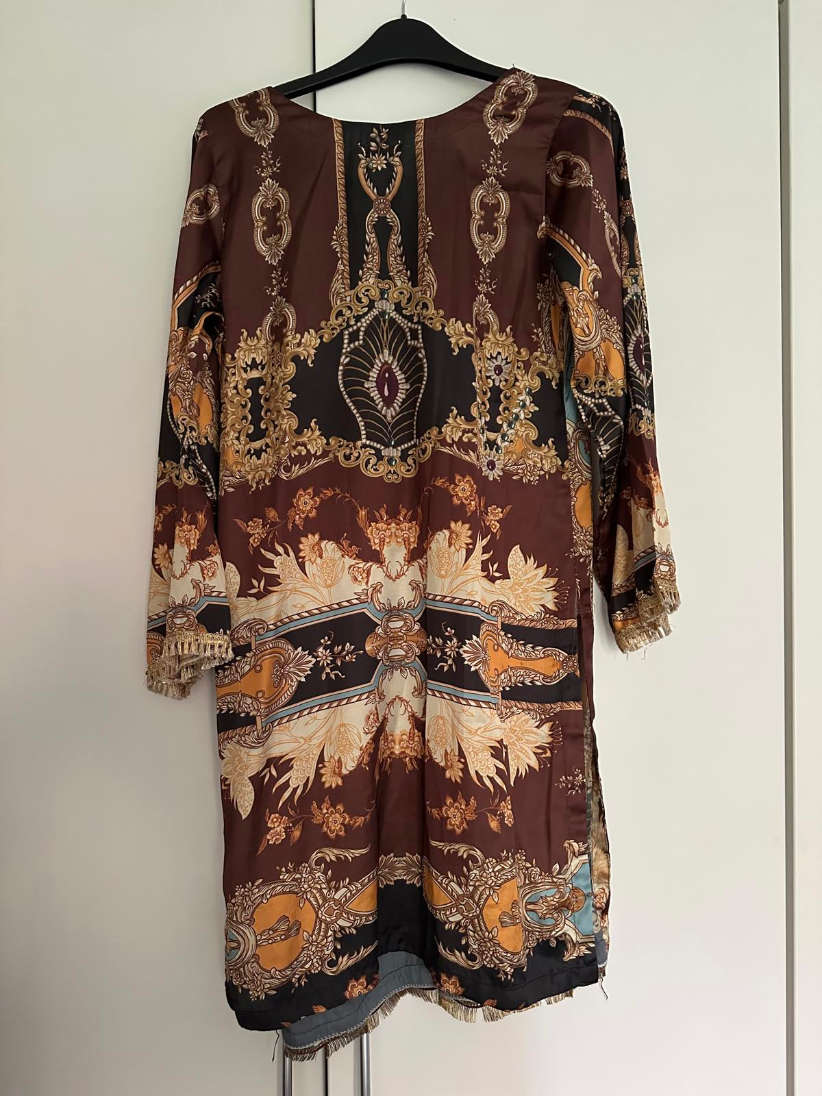 Baroque Scarf-Print Tunic Dress Notch Neck, Fringe Hem (S)