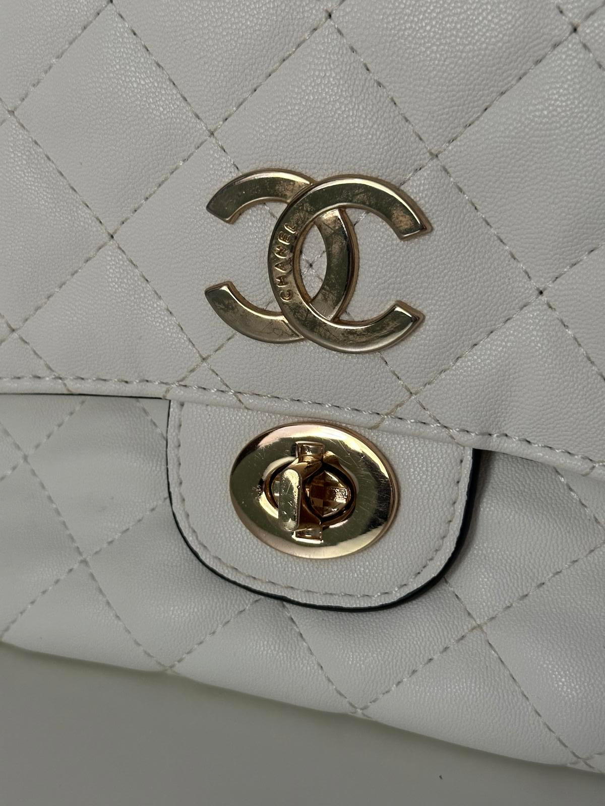 Chanel Classic Quilted White Shoulder Bag with Gold Chain Strap