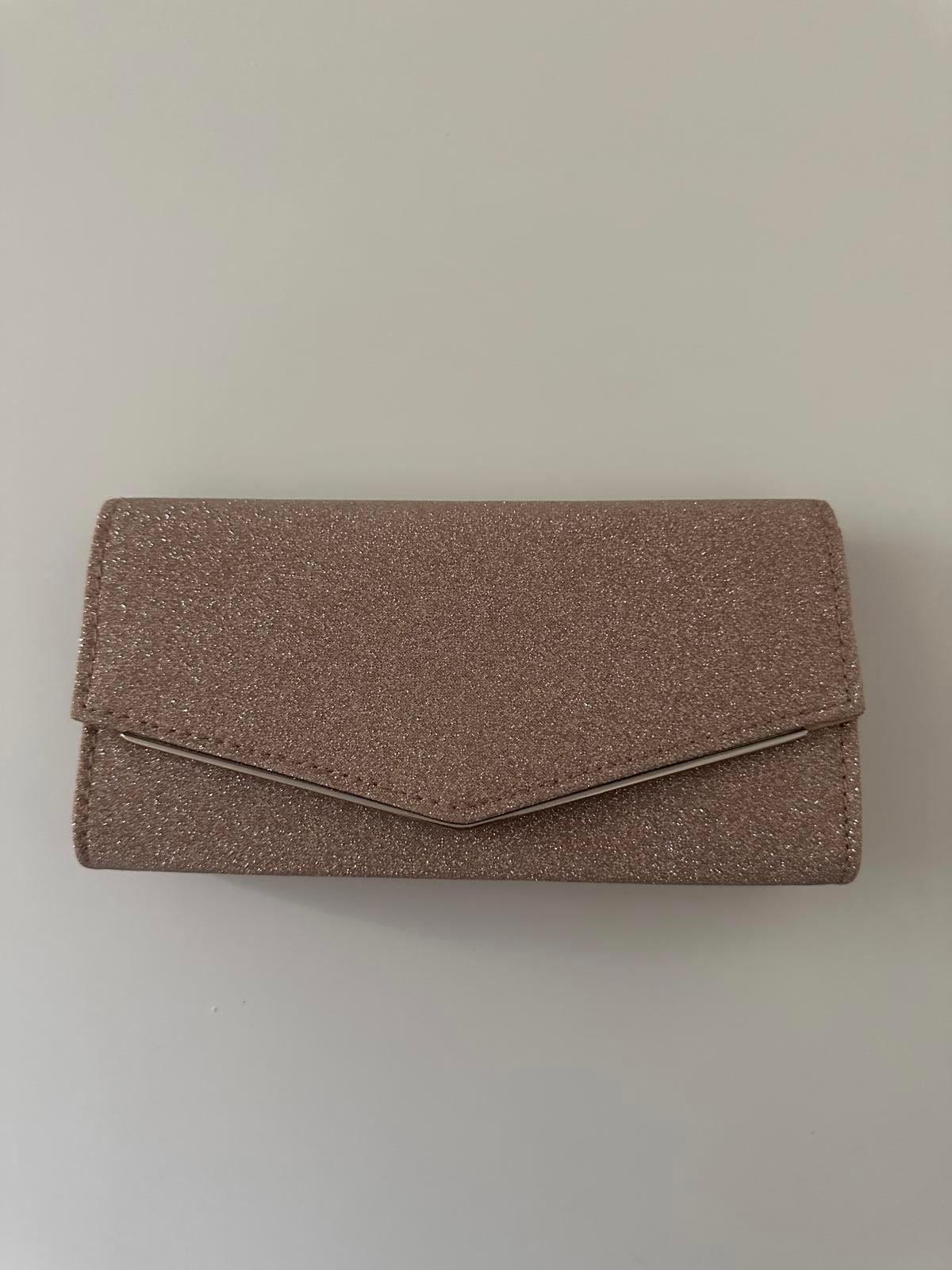 Quiz Rose Gold Glitter Envelope Clutch Bag with Chain Strap