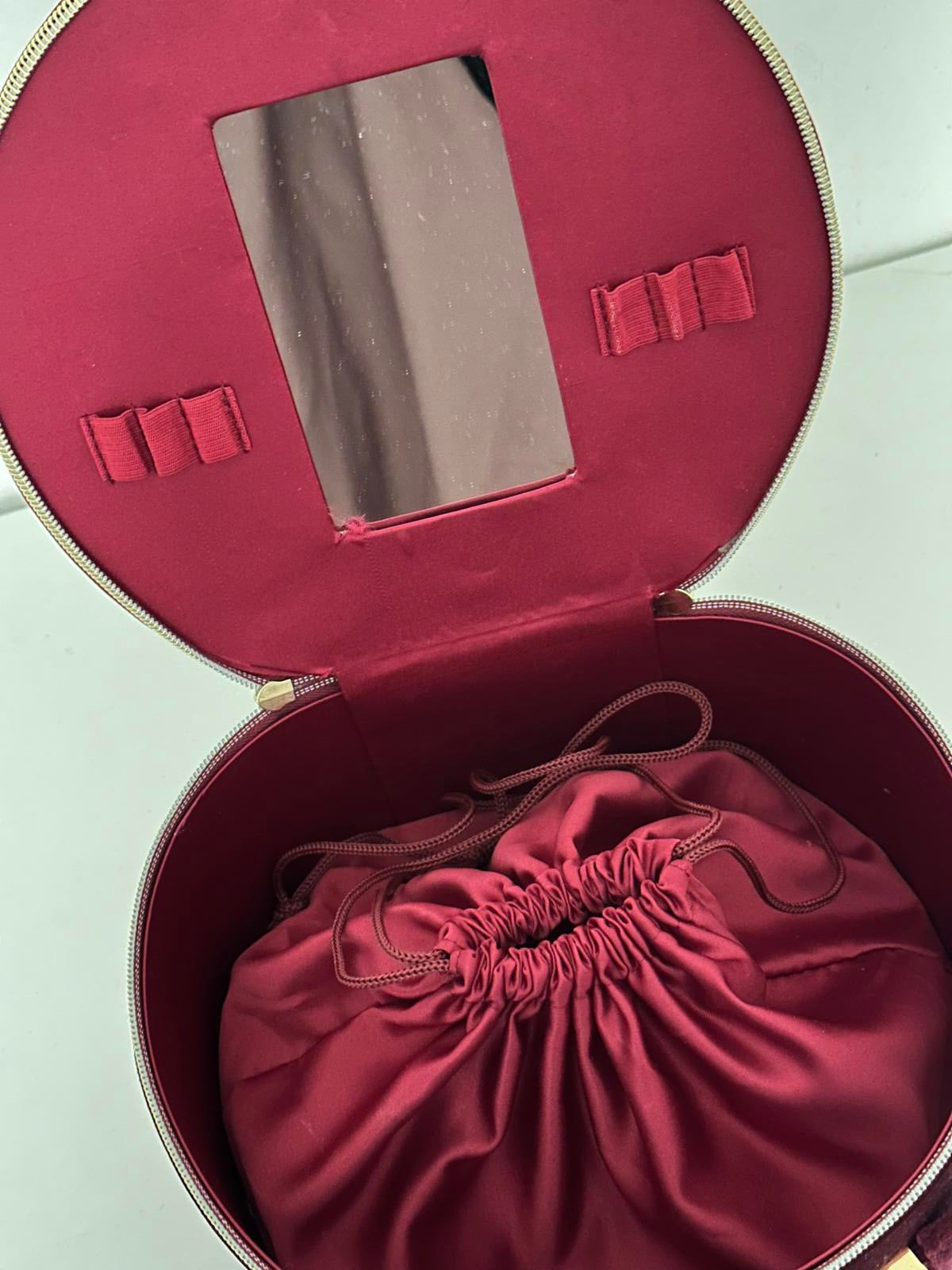 Ghost Burgundy Velvet Round Vanity Case with Mirror & Drawstring Pouch
