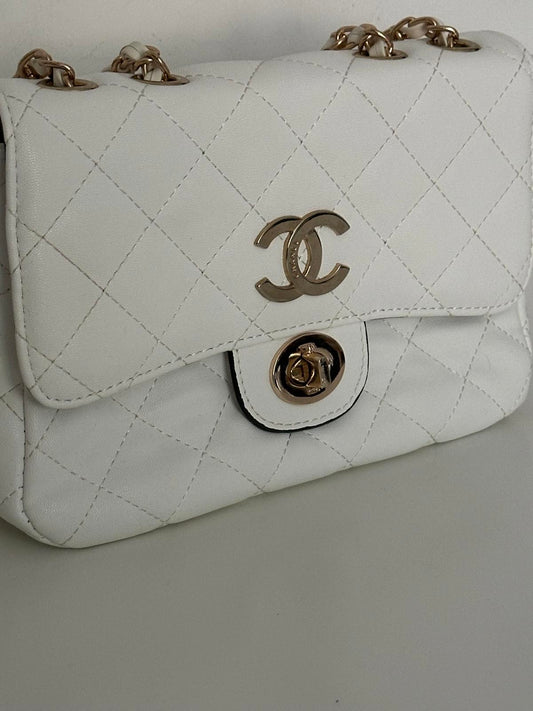 Chanel Classic Quilted White Shoulder Bag with Gold Chain Strap