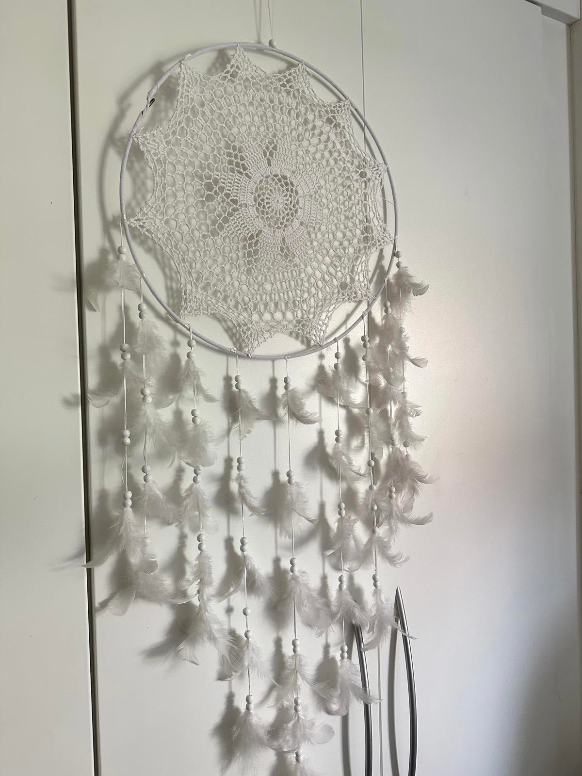 Large white crochet dreamcatcher with feathers & beads