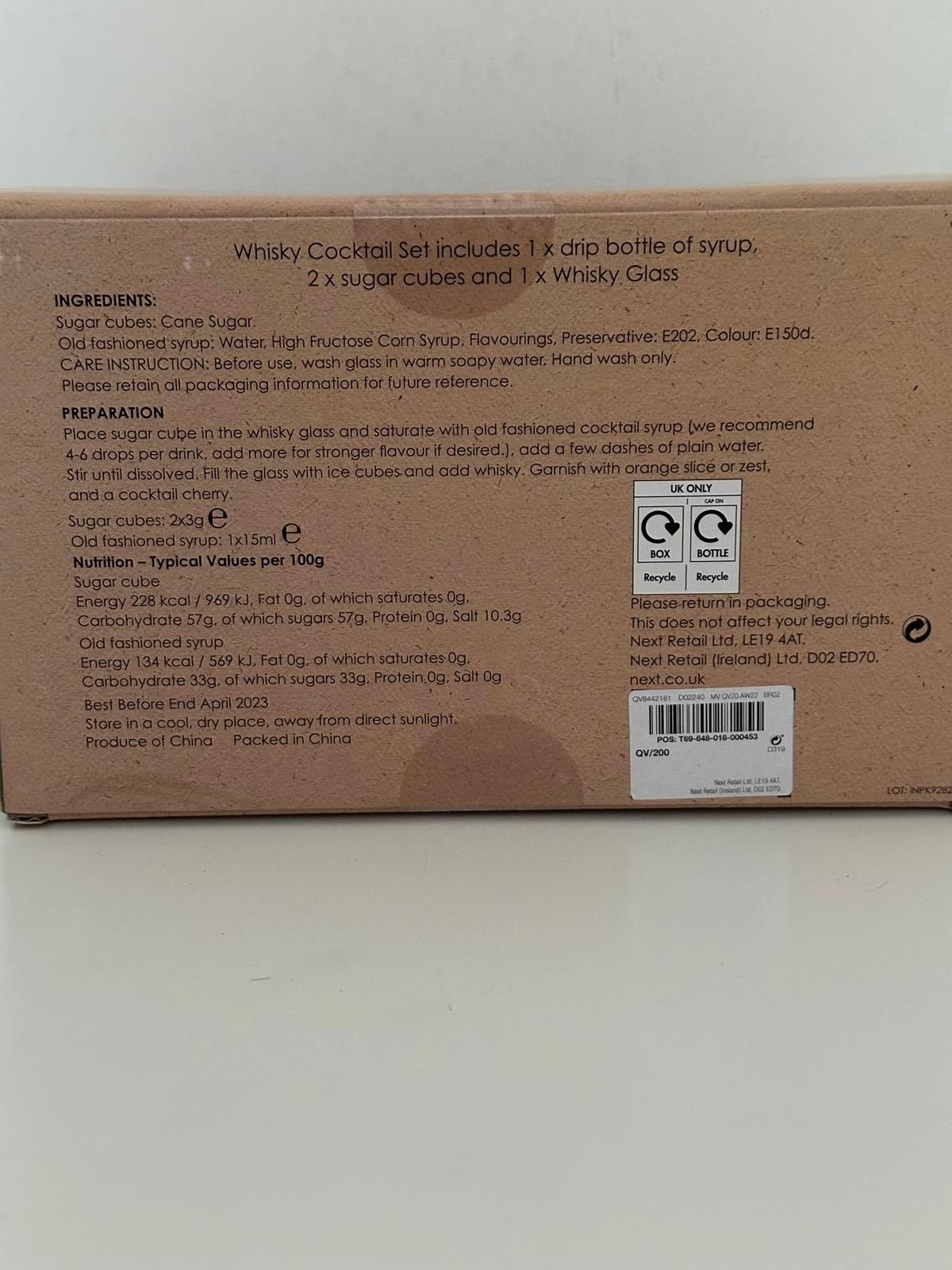 Next Whisky Cocktail Gift Set – Glass, Sugar Cubes & Syrup