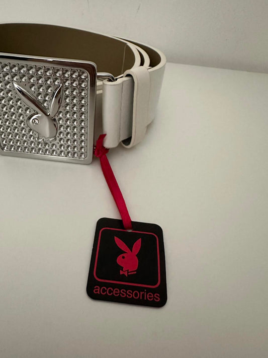 Playboy White Leather Belt with Iconic Silver Buckle – Streetwear Statement