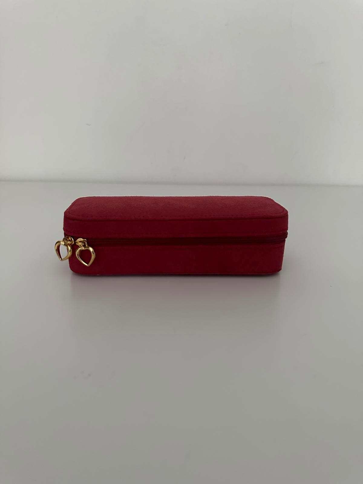Elegant Red Velvet Travel Jewellery Box with Gold Heart Zip