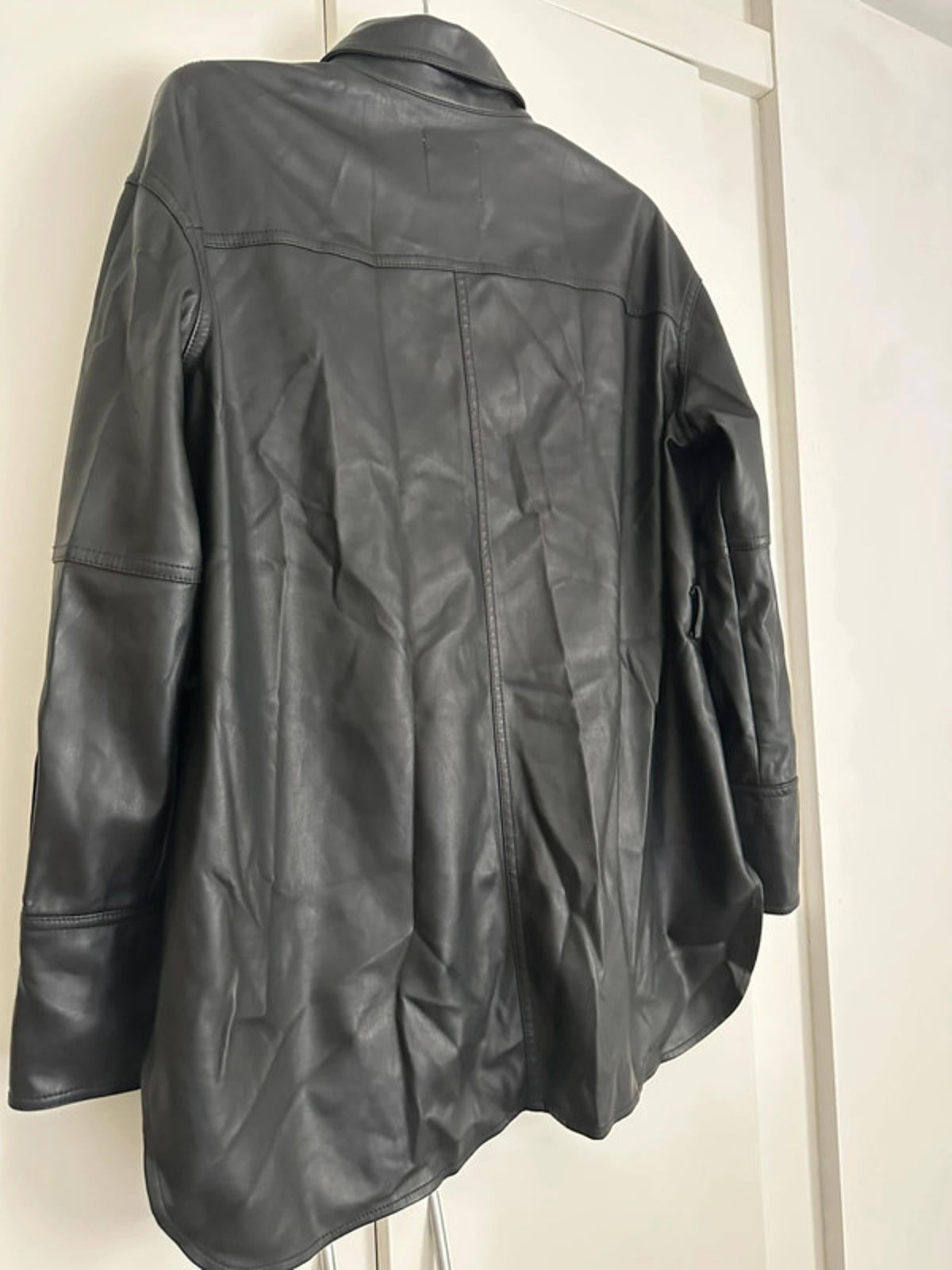 Black Leather Button-Up Shirt Jacket