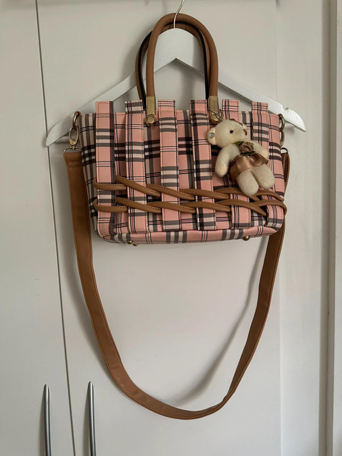 Pink Plaid Women's Shoulder Bag with Teddy Bear Charm