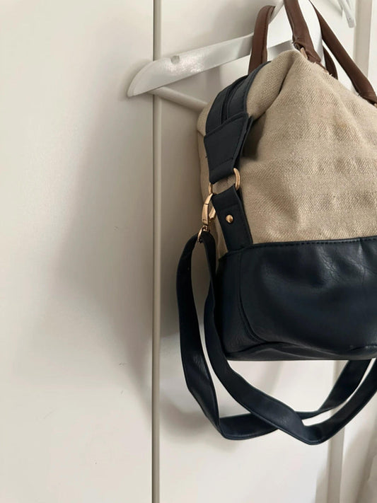 Two-Tone Canvas and Faux Leather Shoulder Bag