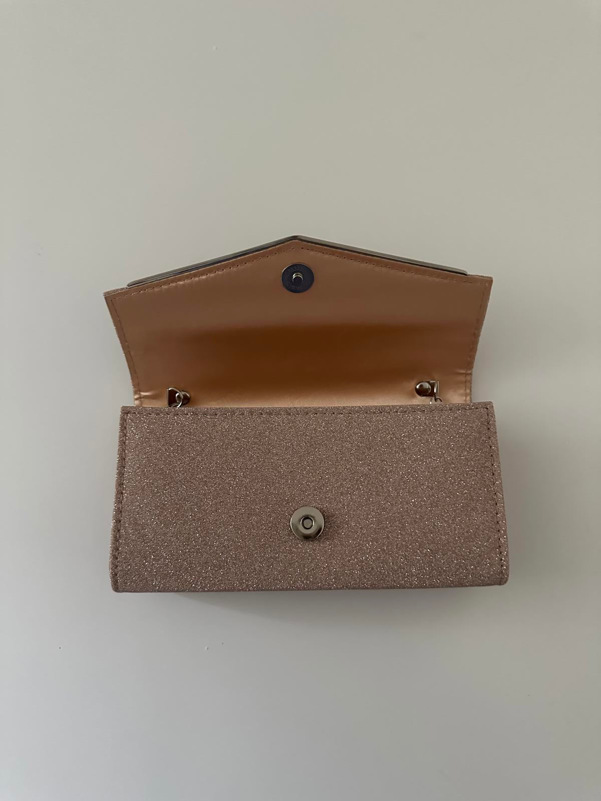 Quiz Rose Gold Glitter Envelope Clutch Bag with Chain Strap