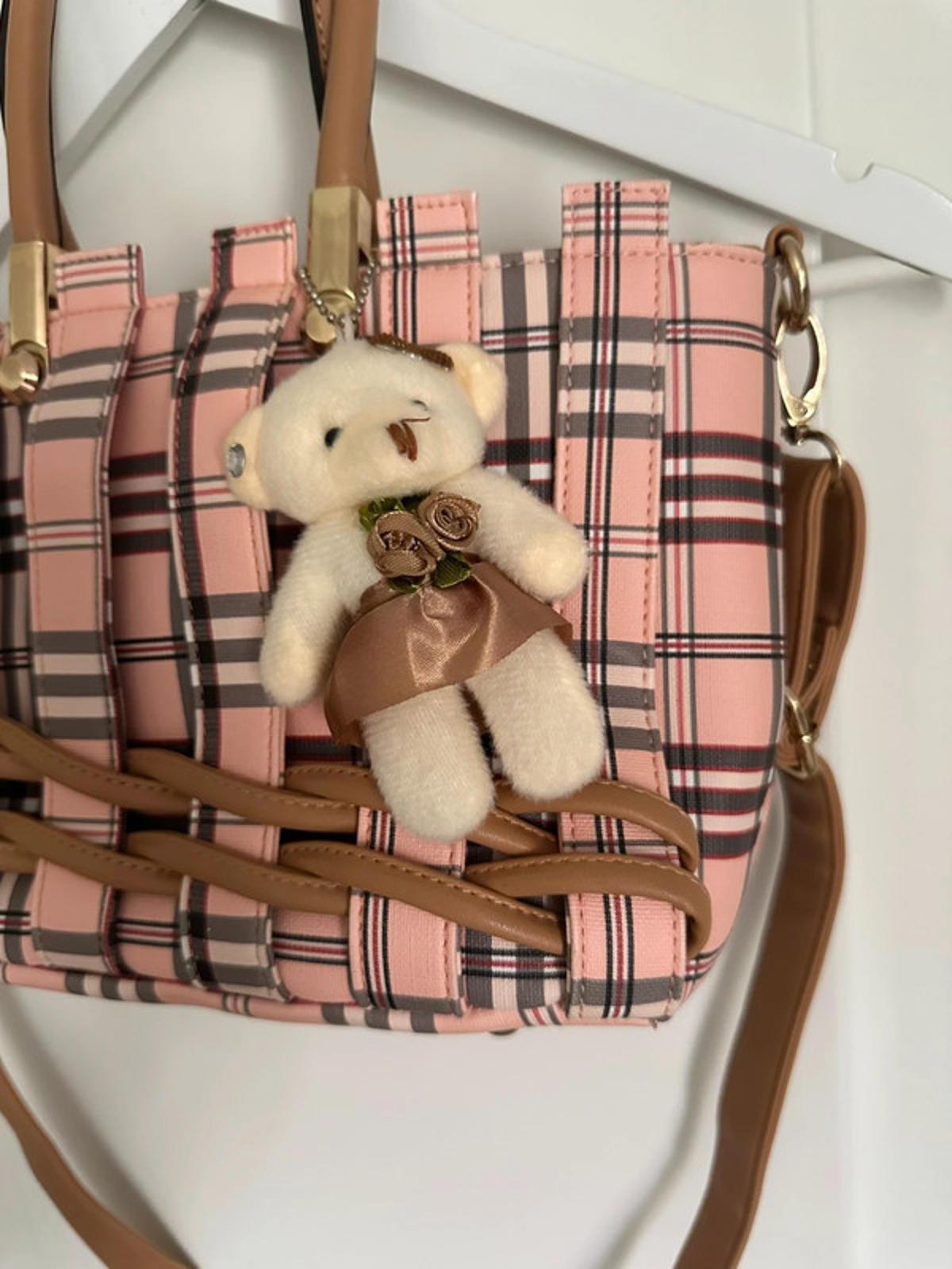 Pink Plaid Women's Shoulder Bag with Teddy Bear Charm