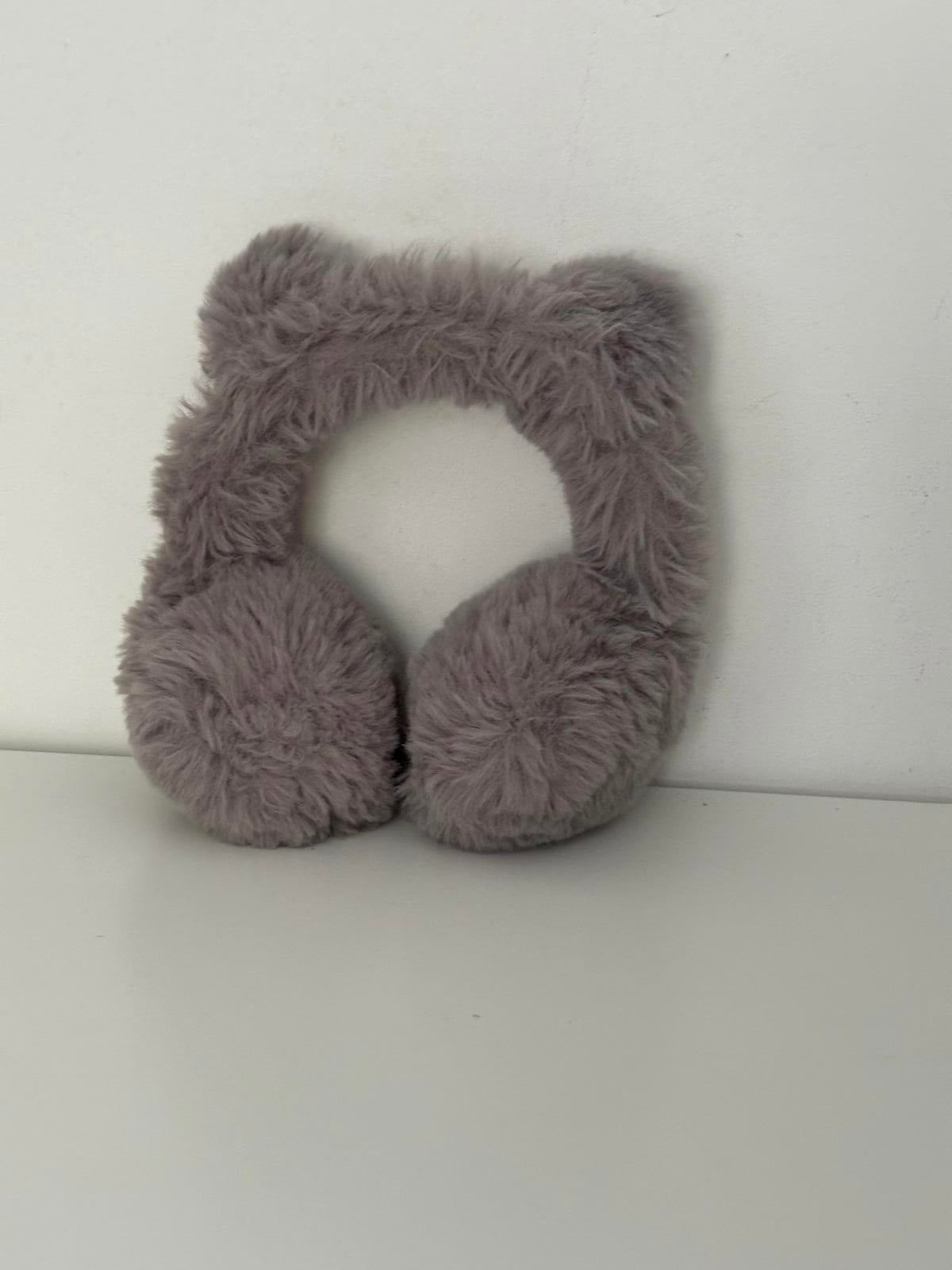 Cute Grey Faux Fur Earmuffs with Glitter Cat Ears – Cosy Winter Headband