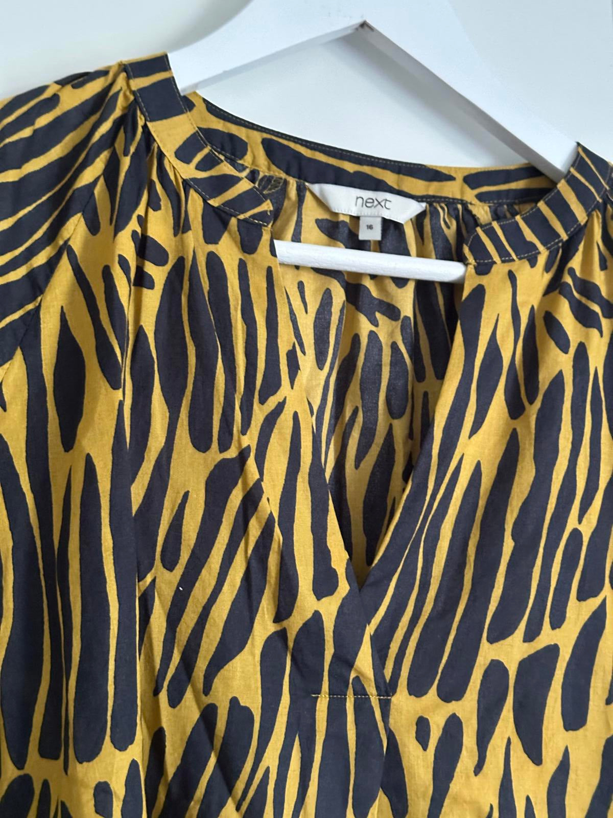 Next mustard & black animal print cotton blouse – UK 16
