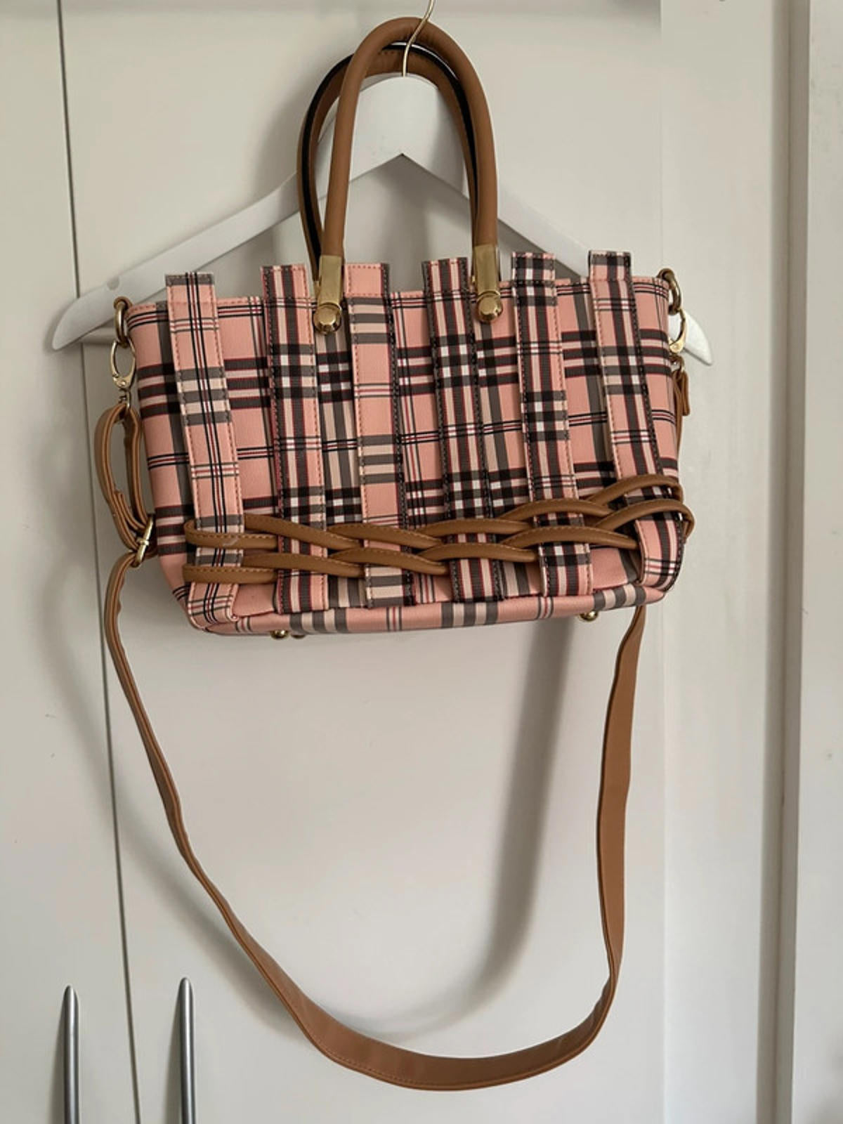 Pink Plaid Women's Shoulder Bag with Teddy Bear Charm