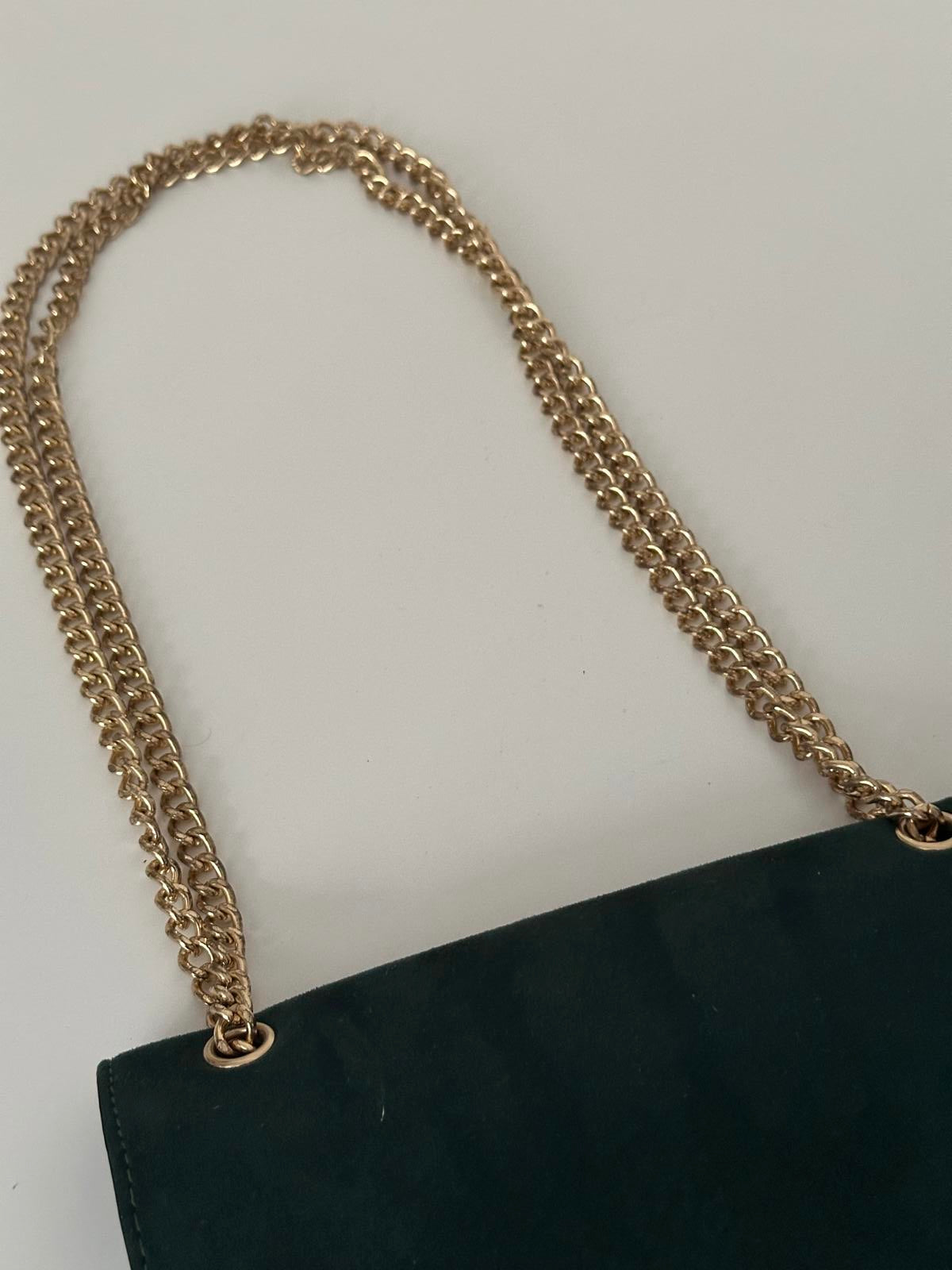 New Look Dark Green Suede Shoulder Bag with Gold Chain Strap