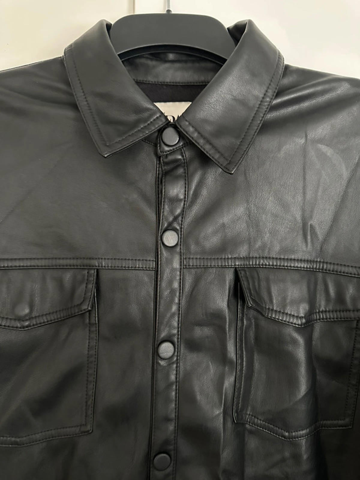 Black Leather Button-Up Shirt Jacket