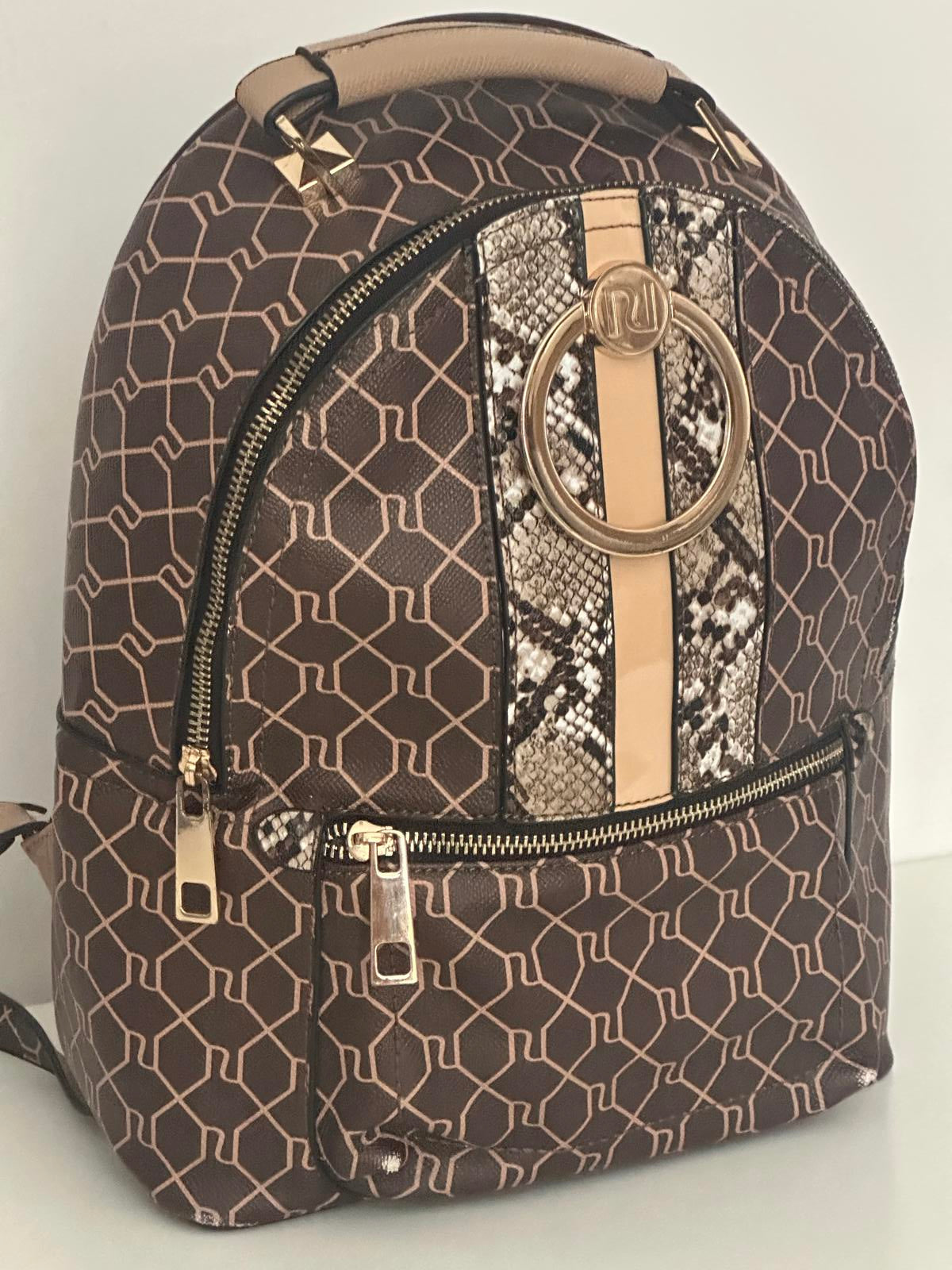 River Island Brown Monogram Backpack with Snake Print Detail