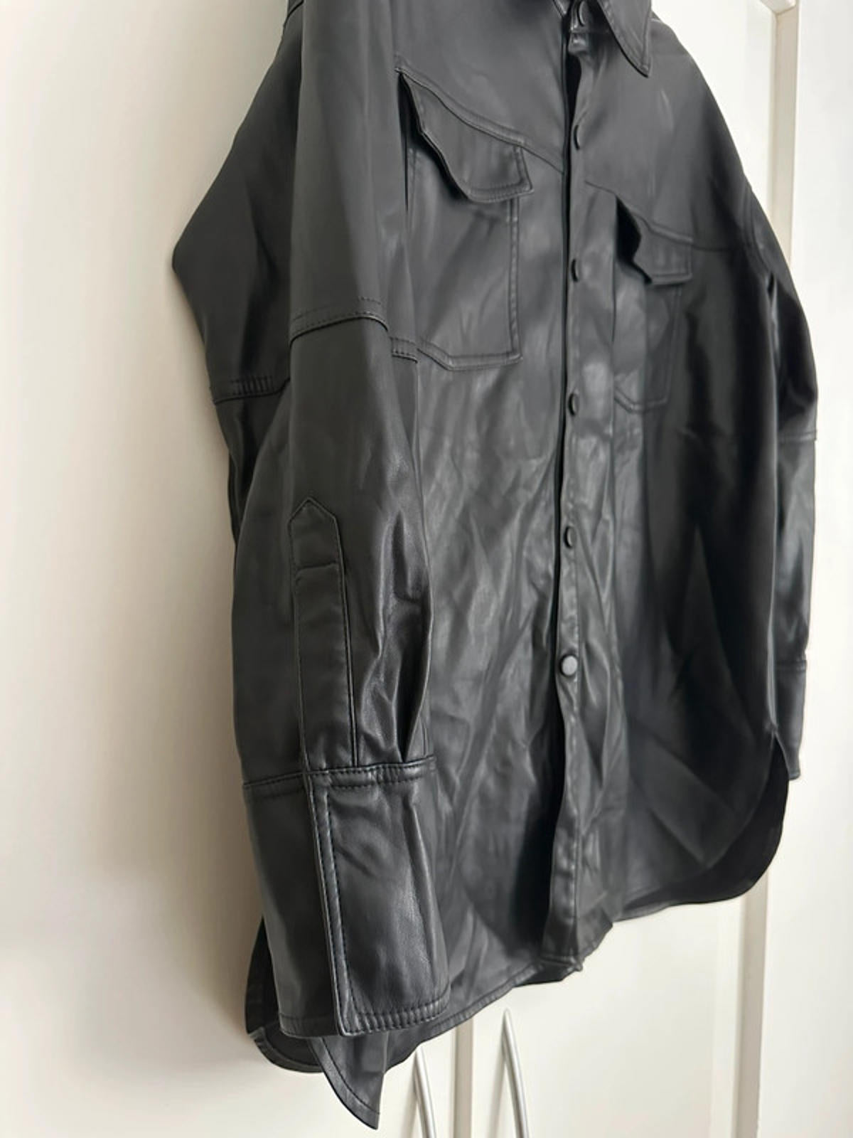 Black Leather Button-Up Shirt Jacket