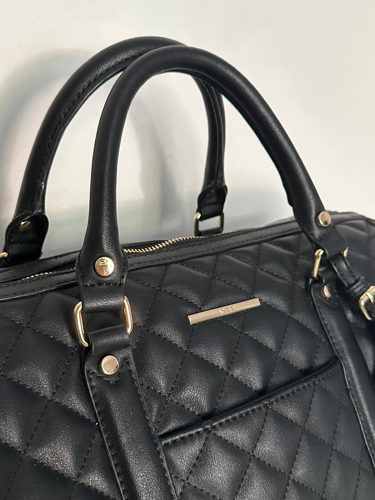 ALDO Scarba Quilted Black Weekend Duffel Bag – l Holdall with Gold Hardware