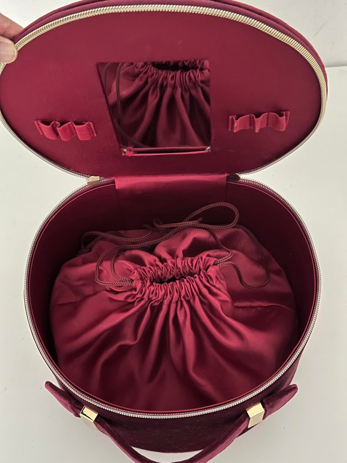 Ghost Burgundy Velvet Round Vanity Case with Mirror & Drawstring Pouch