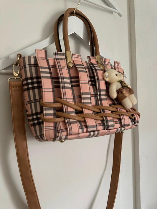 Pink Plaid Women's Shoulder Bag with Teddy Bear Charm
