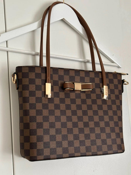 Elegant Brown Checkered Tote Bag with Gold Bow Accent