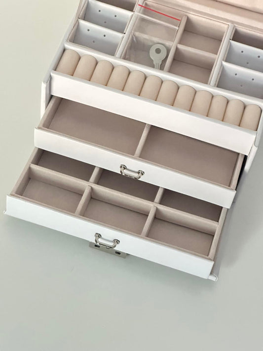 White Lockable Jewellery Box with Mirror & Drawers