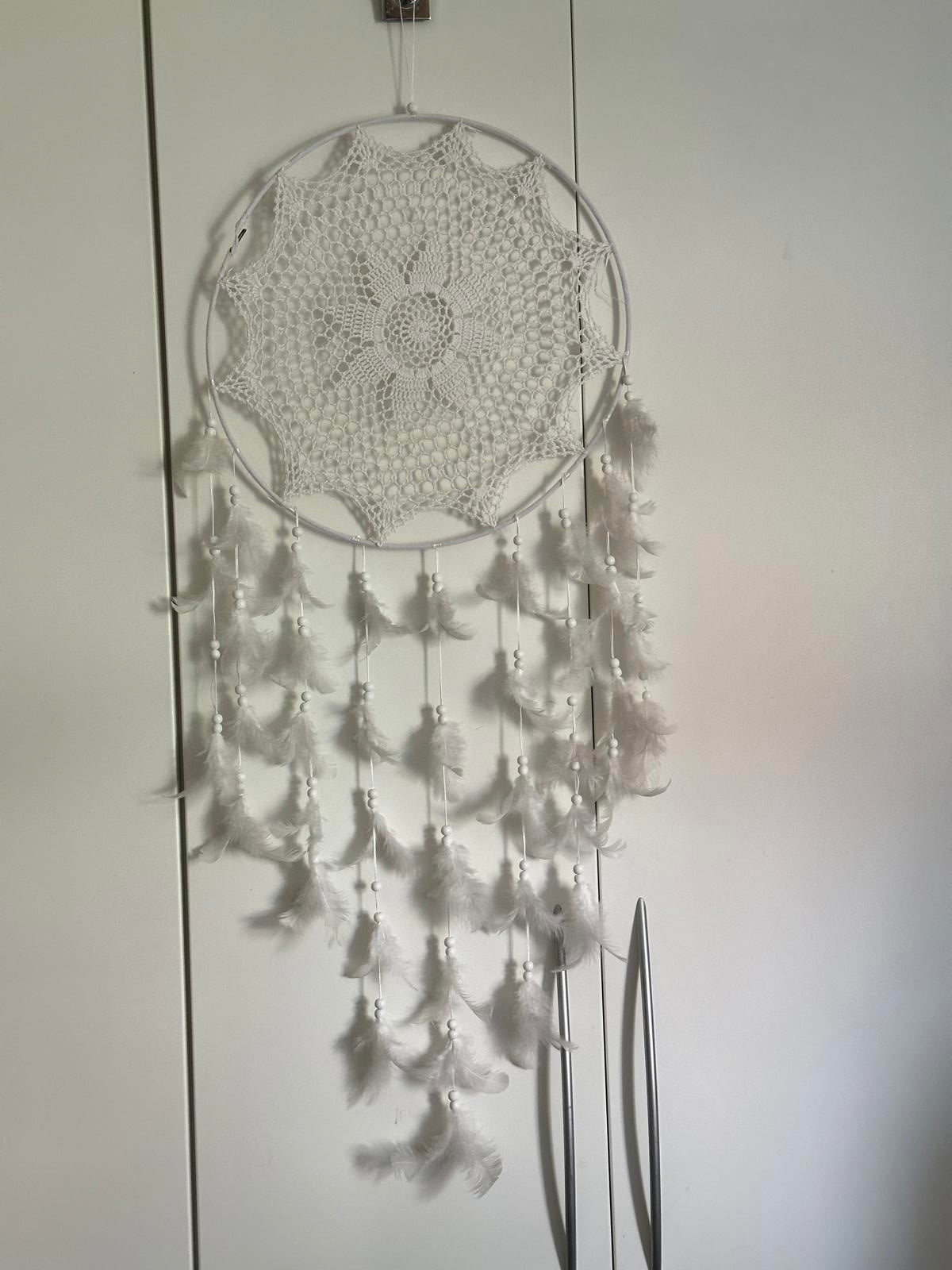 Large white crochet dreamcatcher with feathers & beads