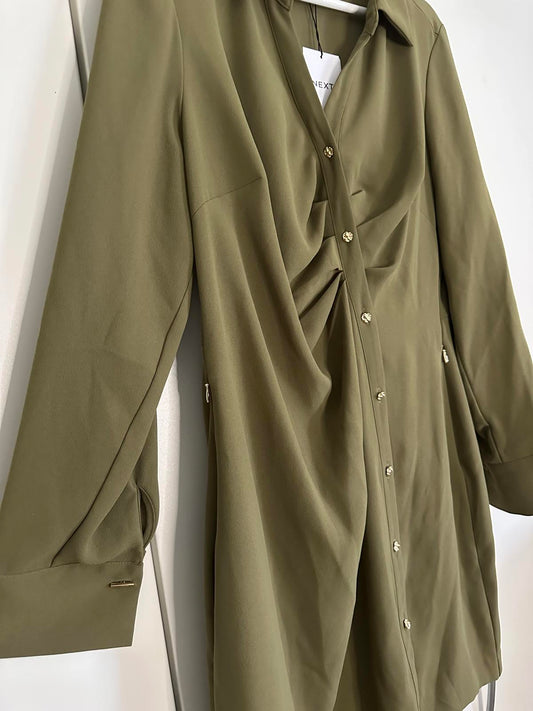 Next Khaki Green Button Front Dress – Fuller Bust, Long Sleeve, Elegant Fit