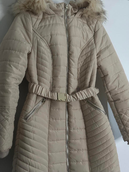 River Island Beige Quilted Belted Coat with Faux Fur Hood – Size 10