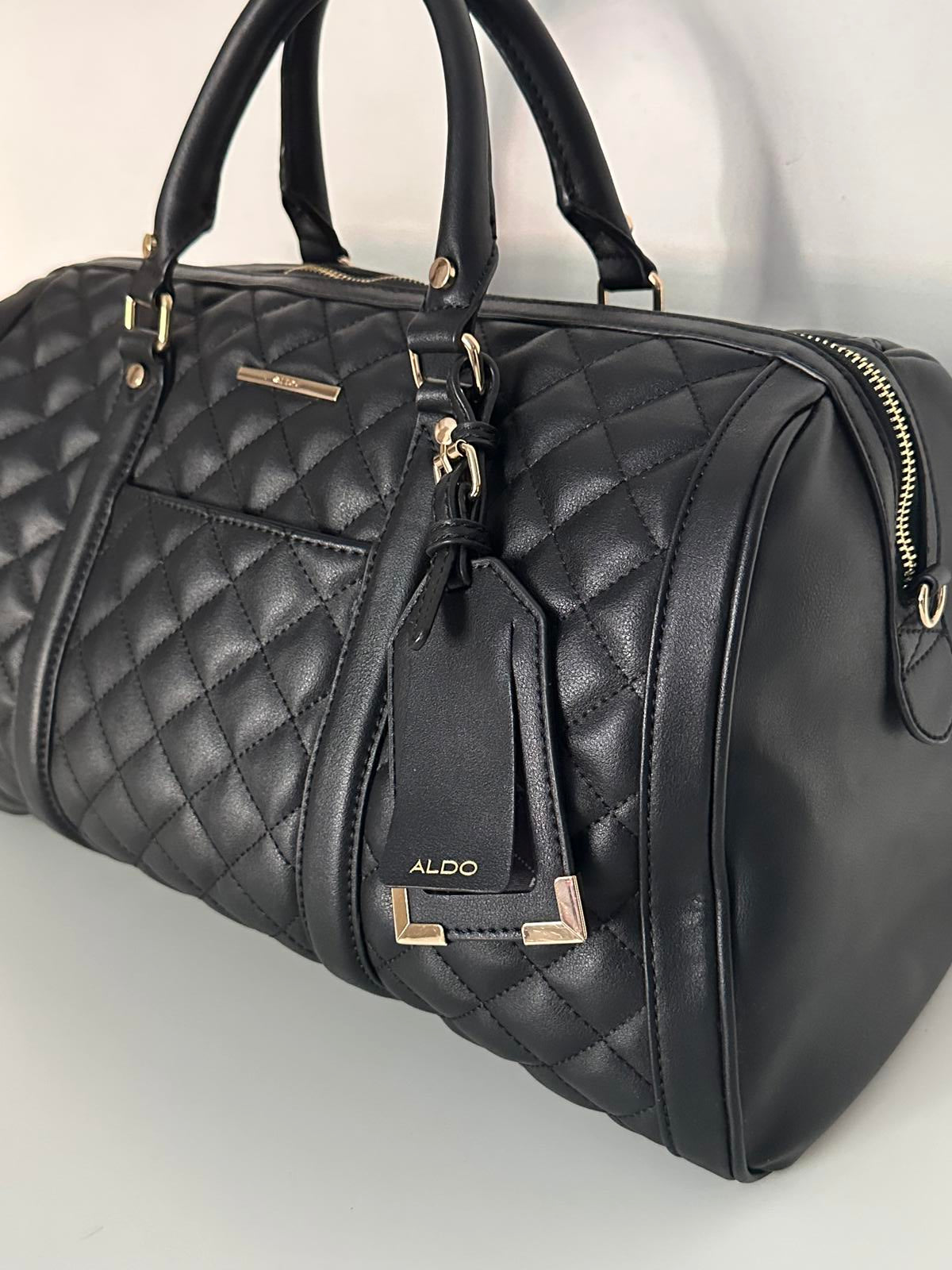 ALDO Scarba Quilted Black Weekend Duffel Bag – l Holdall with Gold Hardware